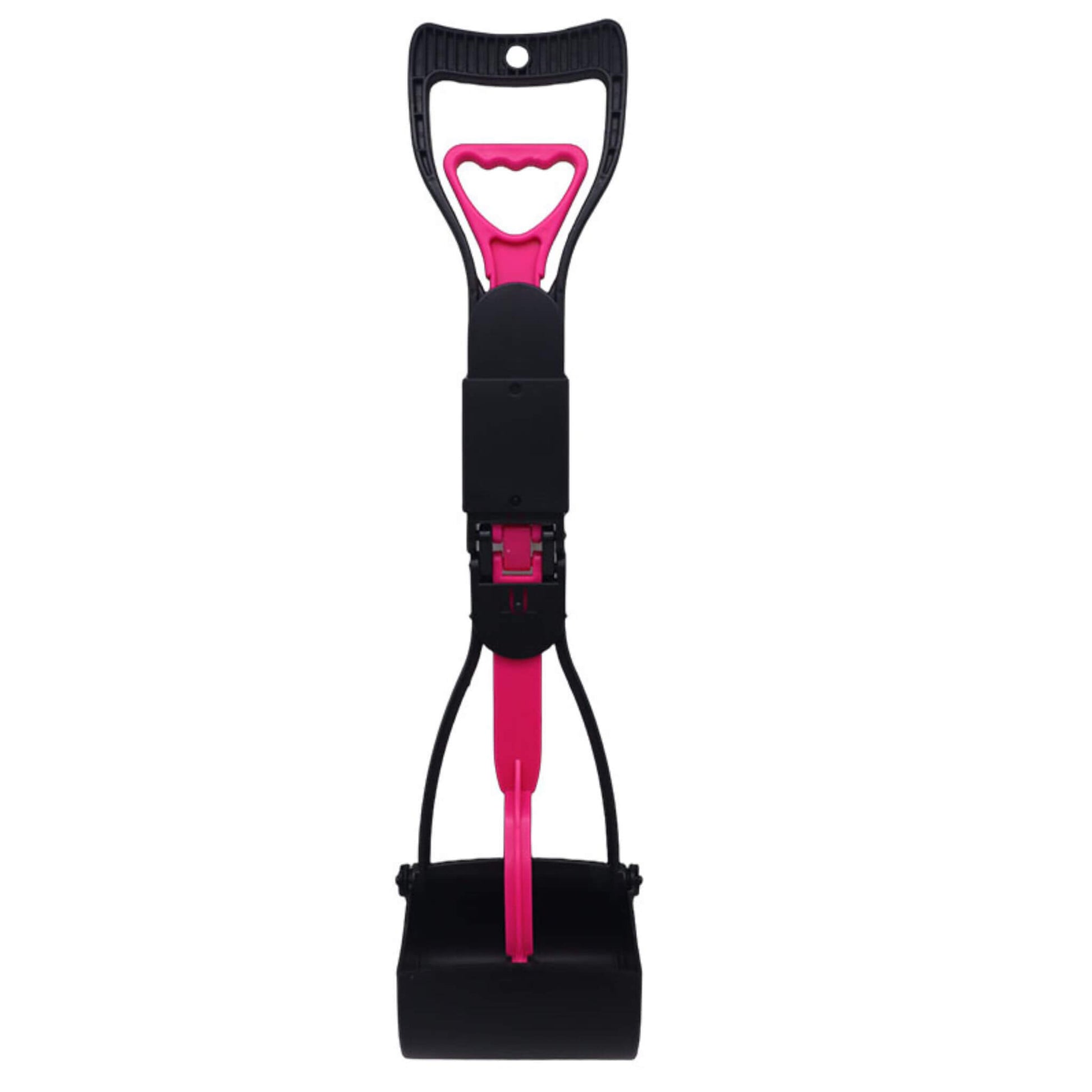 Black and pink pet scoop with handle on a white background