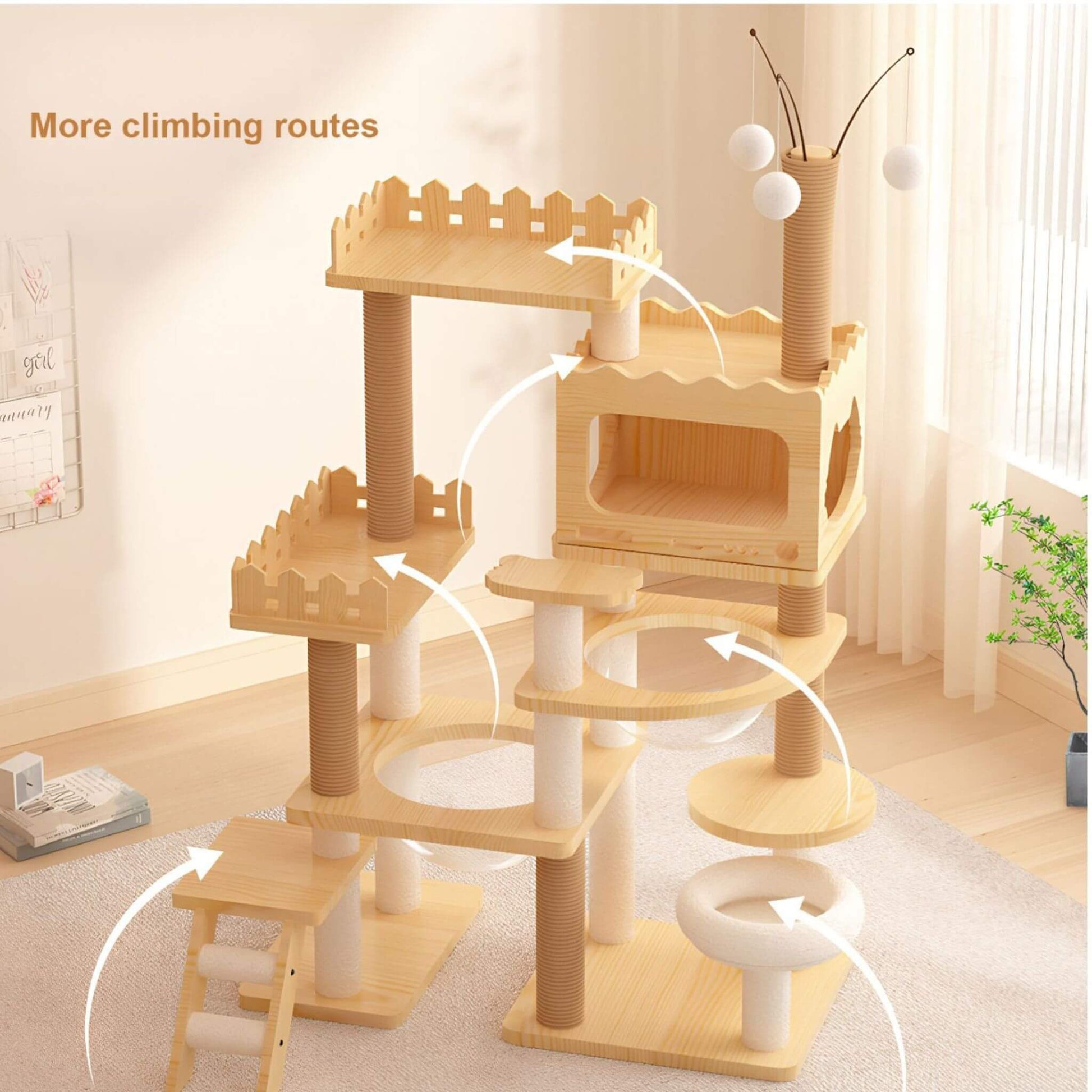 Wooden pet play structure with multiple levels in a room setting.