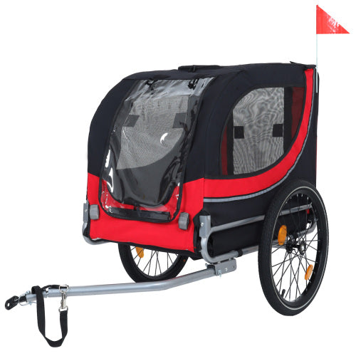 Red and black pet bike trailer with a clear front window on a white background
