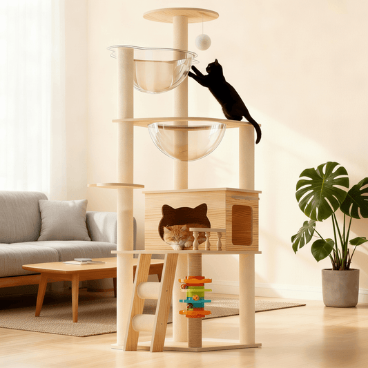 Cat tree with multiple levels and a cat climbing on it in a living room setting.
