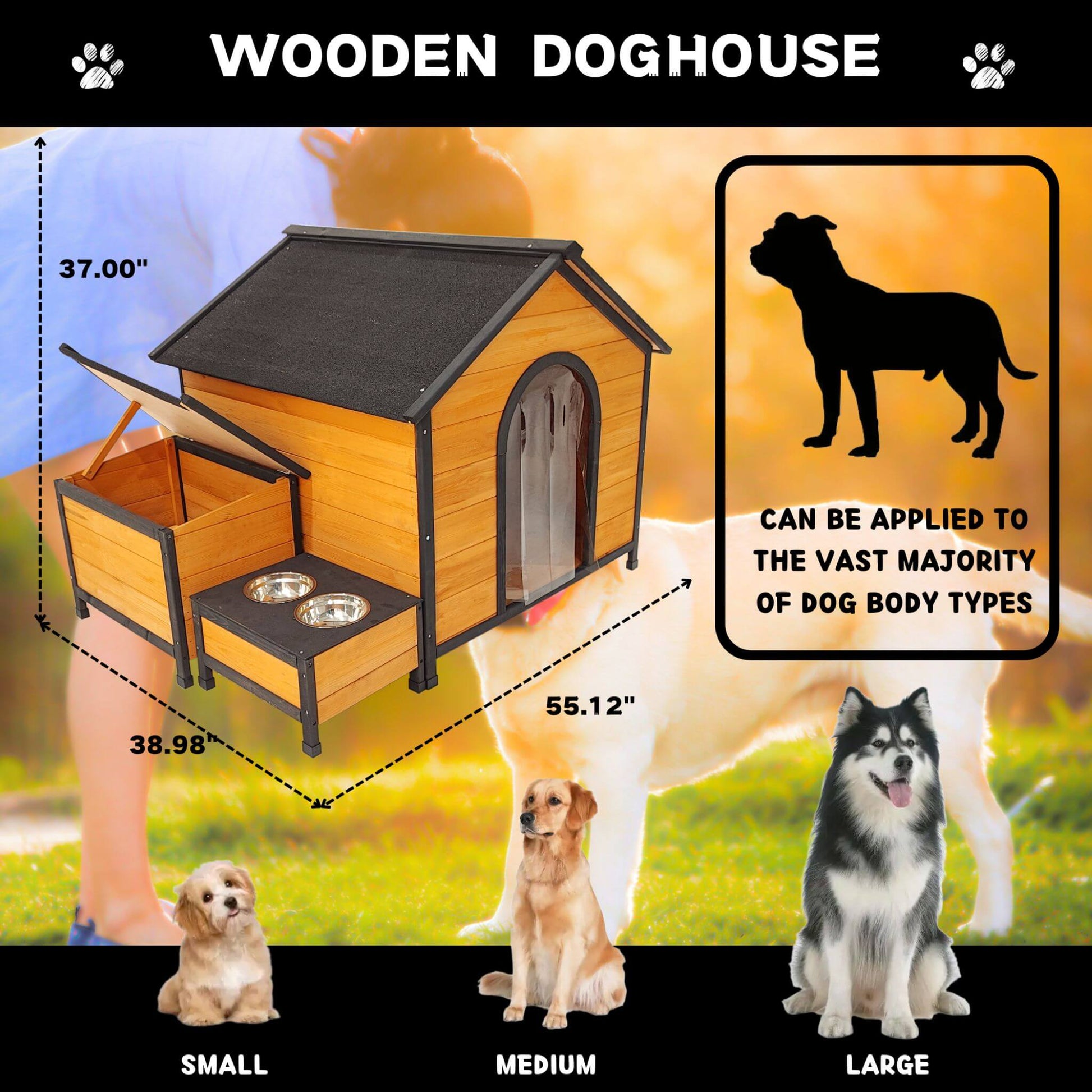 Wooden doghouse with dimensions and a silhouette of a dog, set against a blurred outdoor background.