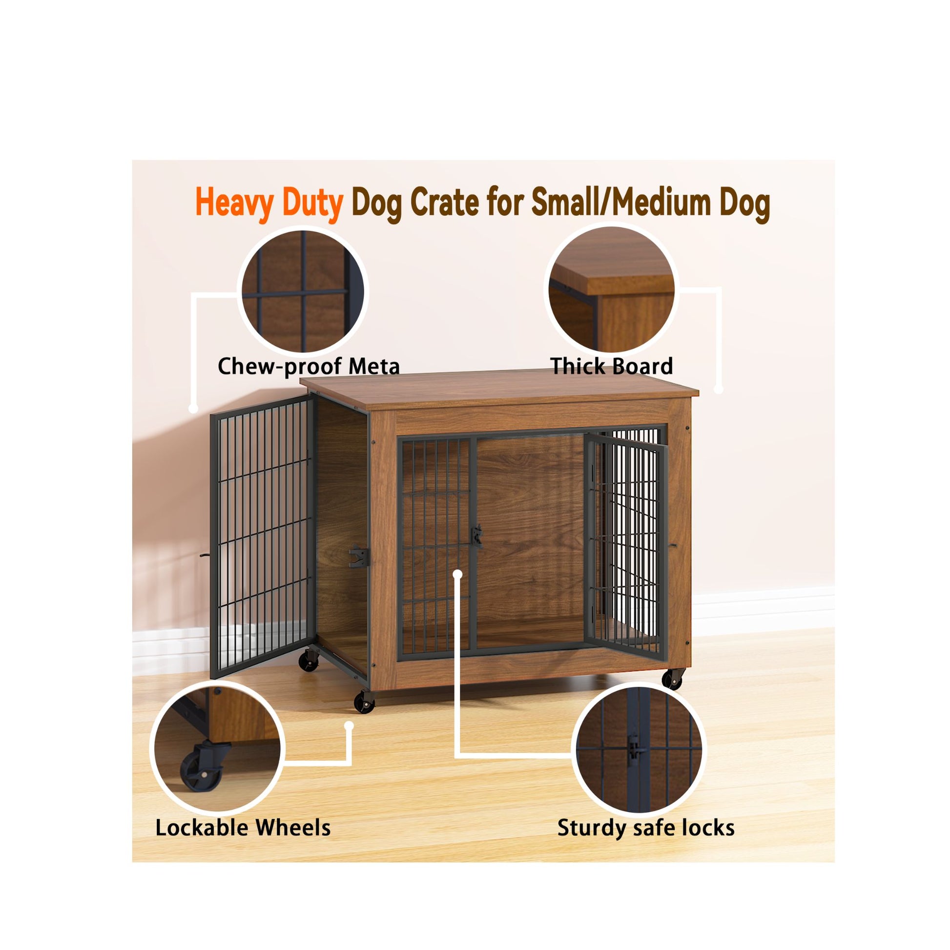 Heavy-duty wooden dog crate with features highlighted on a white background