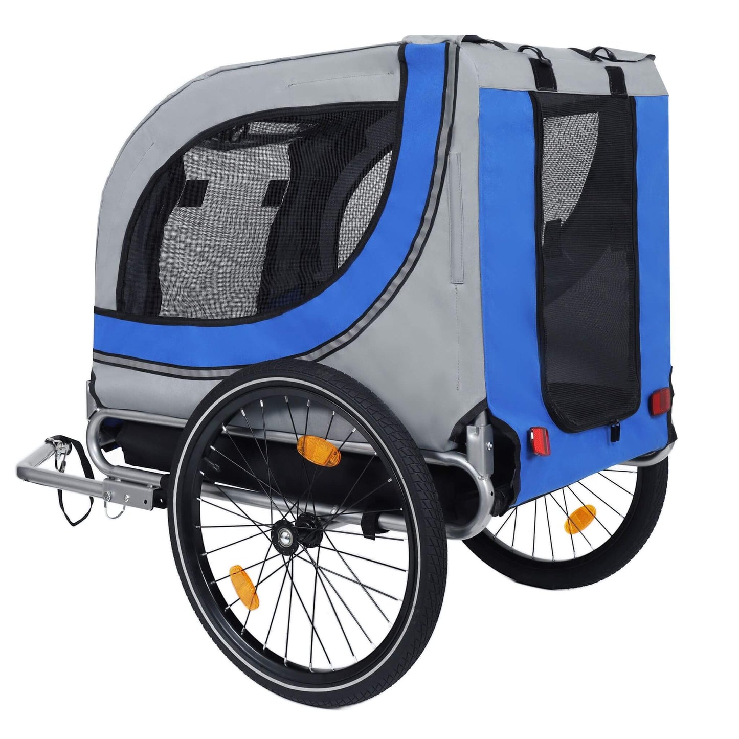Blue and gray pet bike trailer on a white background