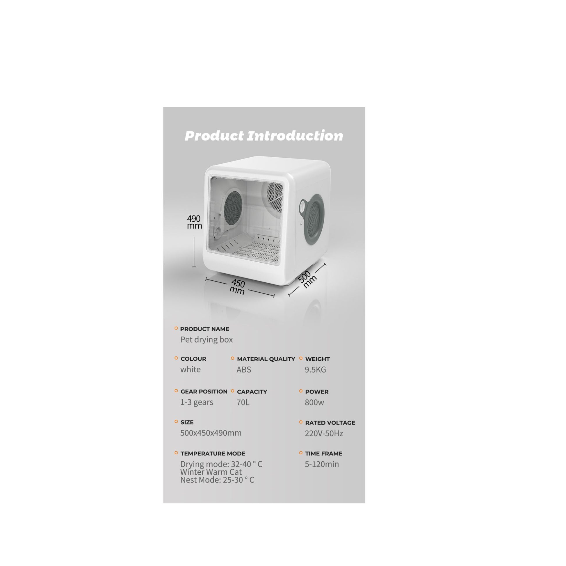 Product introduction card for a white pet drying box with dimensions and specifications.