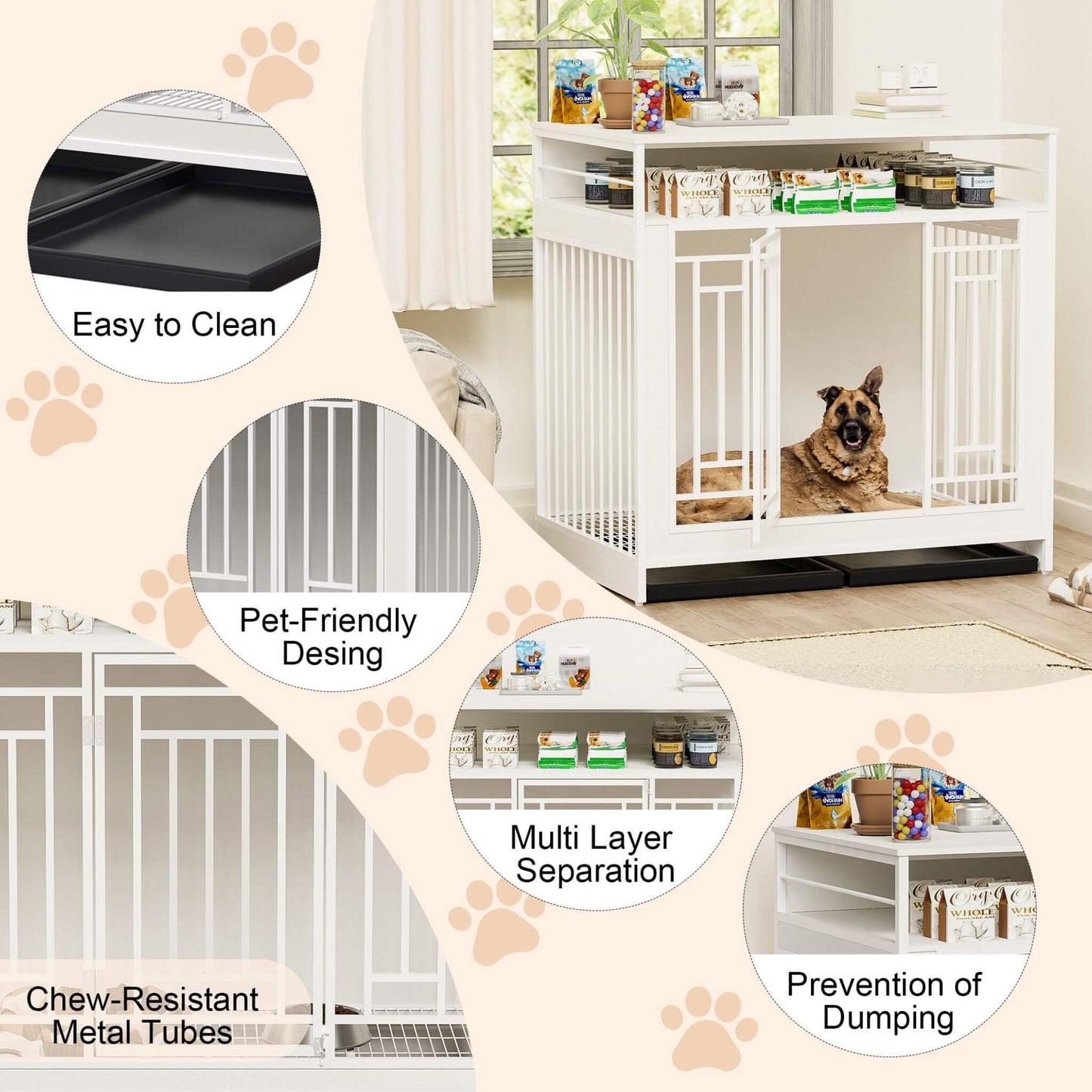 Dog crate with pet-friendly design features and a dog inside, set against a home interior background.