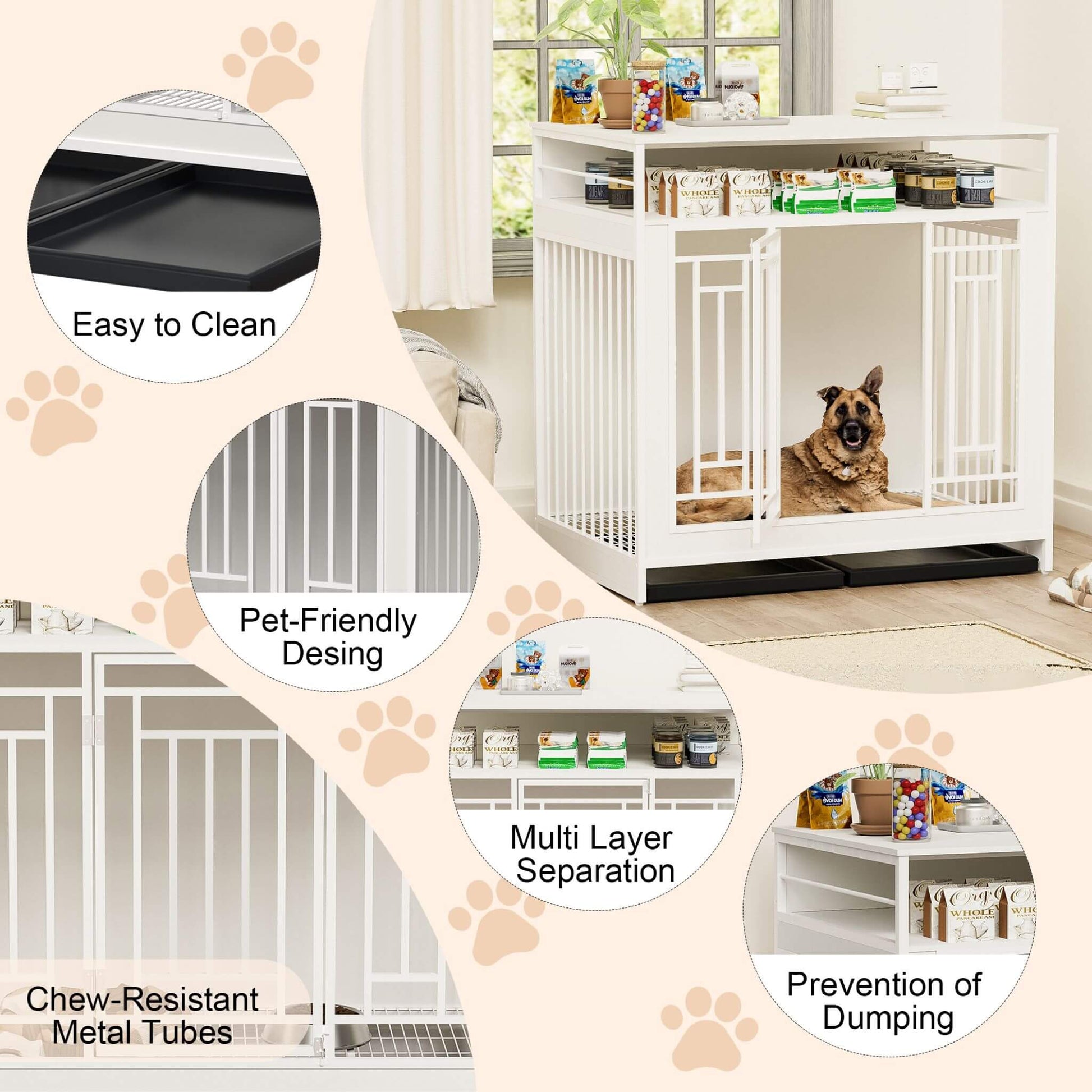 Dog crate with pet-friendly design features and a dog inside, set against a home interior background.