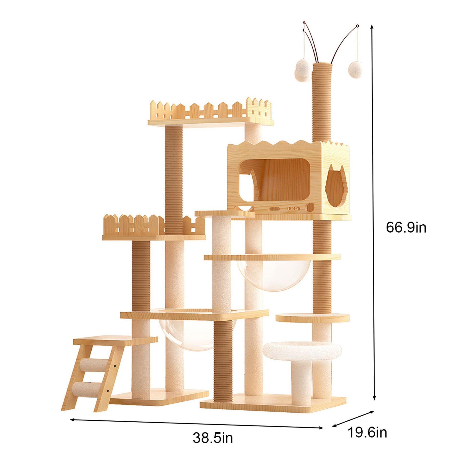 Wooden cat tree with dimensions on a white background