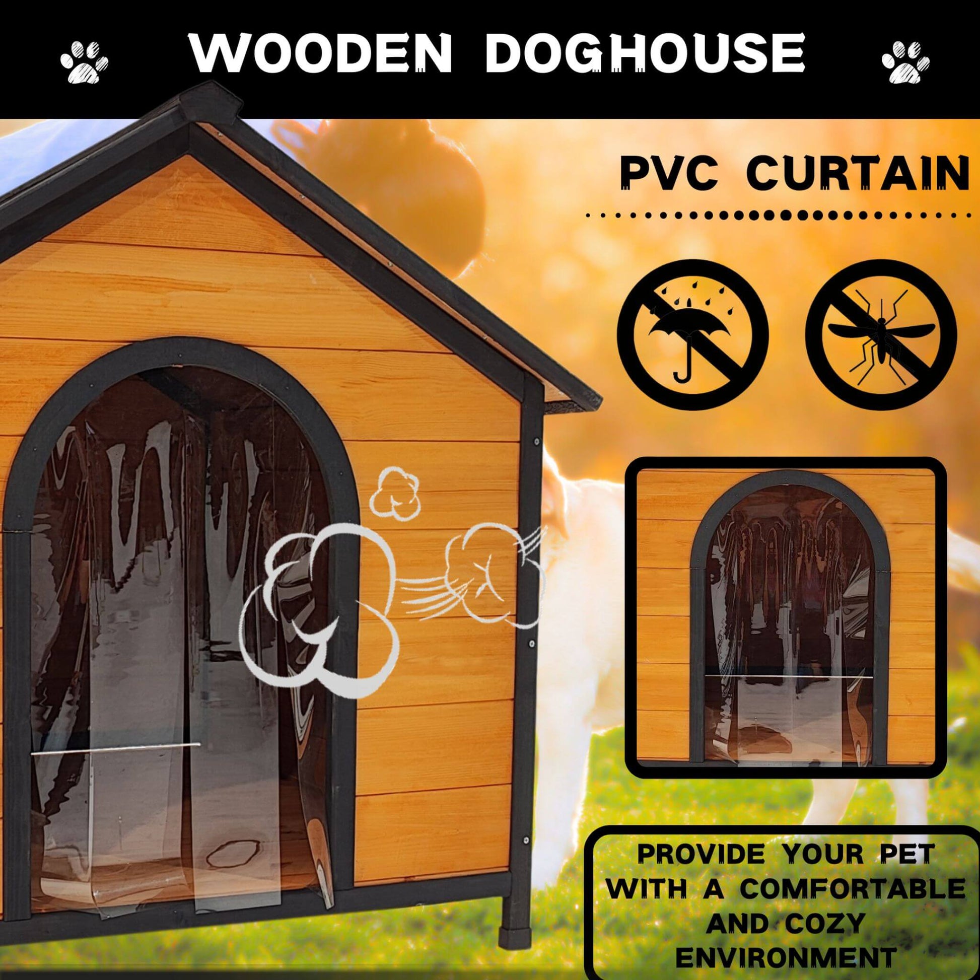 Wooden doghouse with PVC curtain feature on a promotional graphic