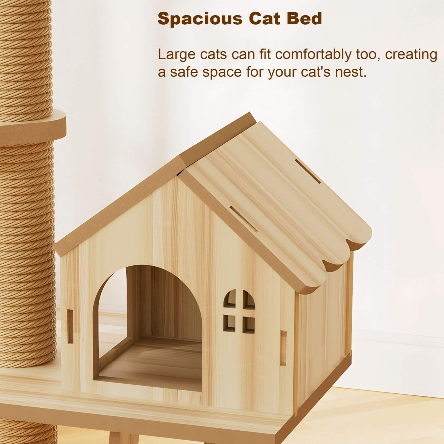 Wooden cat house with a text overlay on a white background
