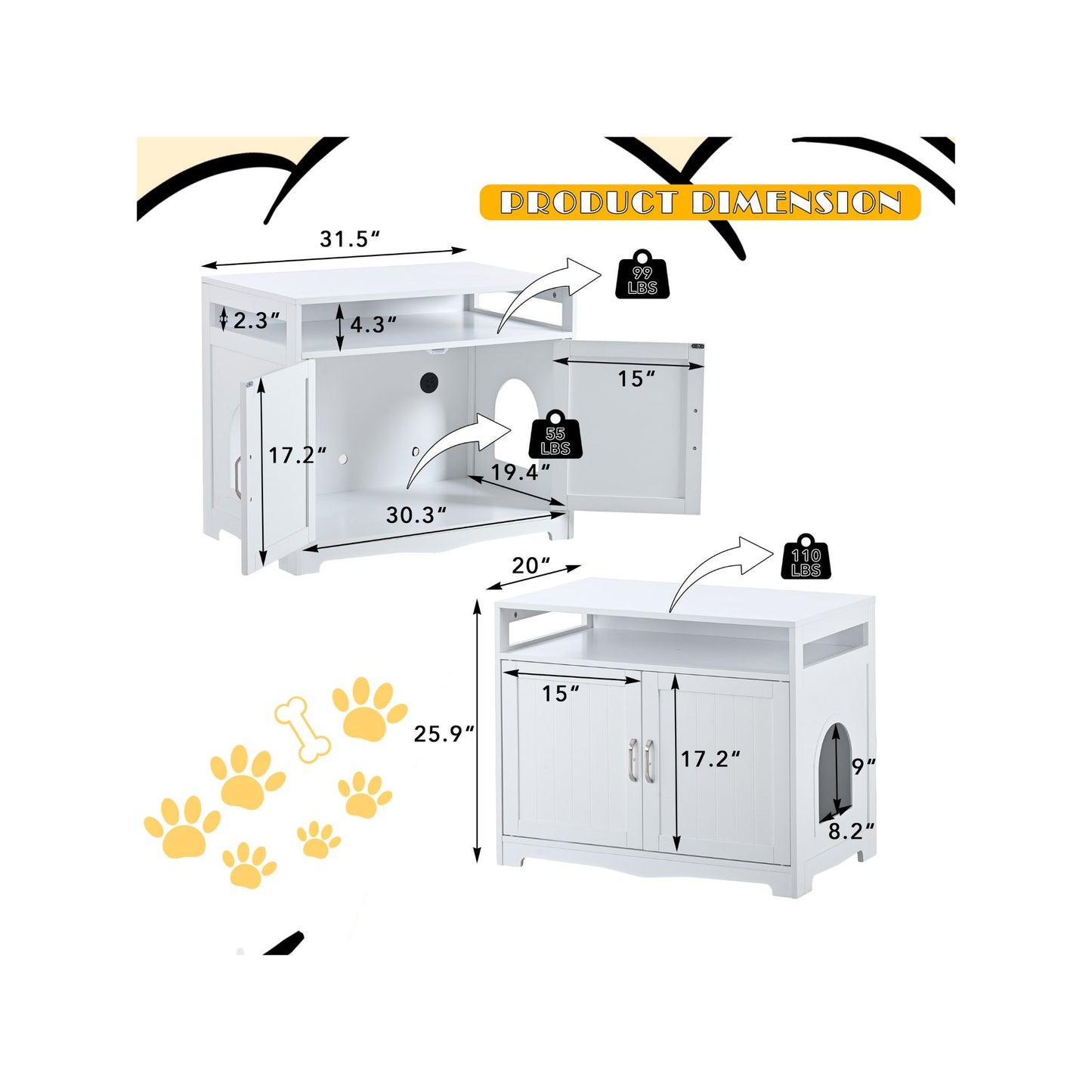 Dimensions of a pet product with paw prints on a white background