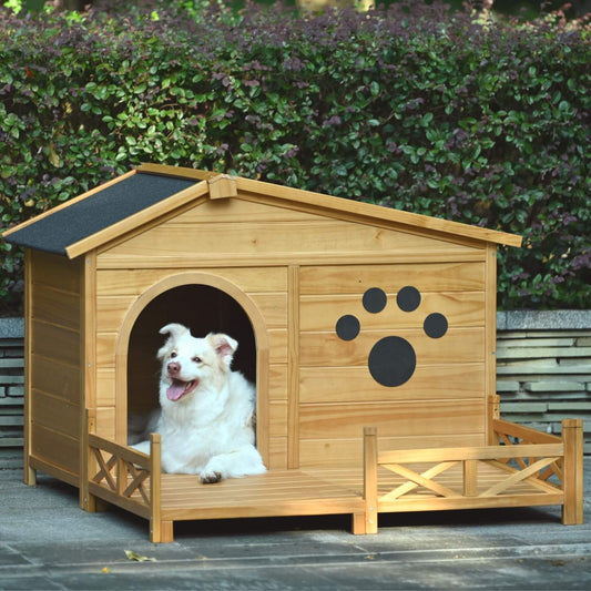 Wooden doghouse with a white dog inside, set against a green hedge background.