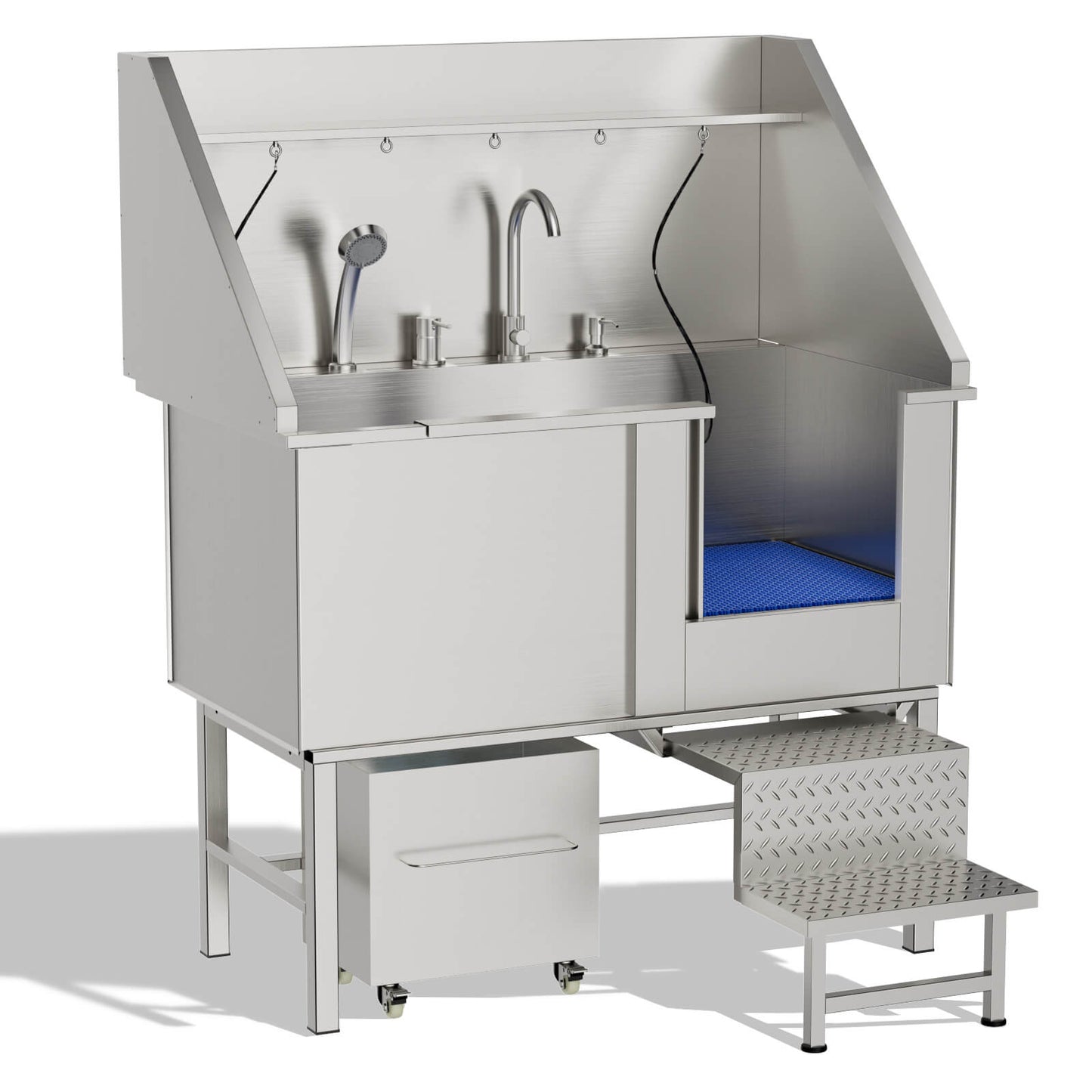 Stainless steel animal wash station with sink and blue mat on a white background