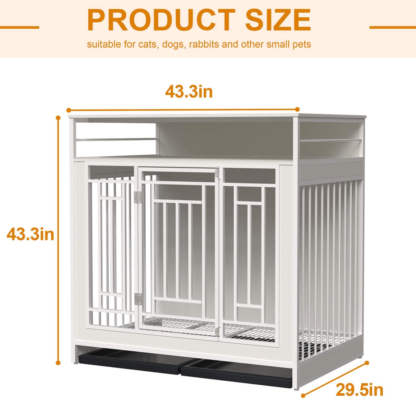 White pet crate with dimensions labeled on a beige background