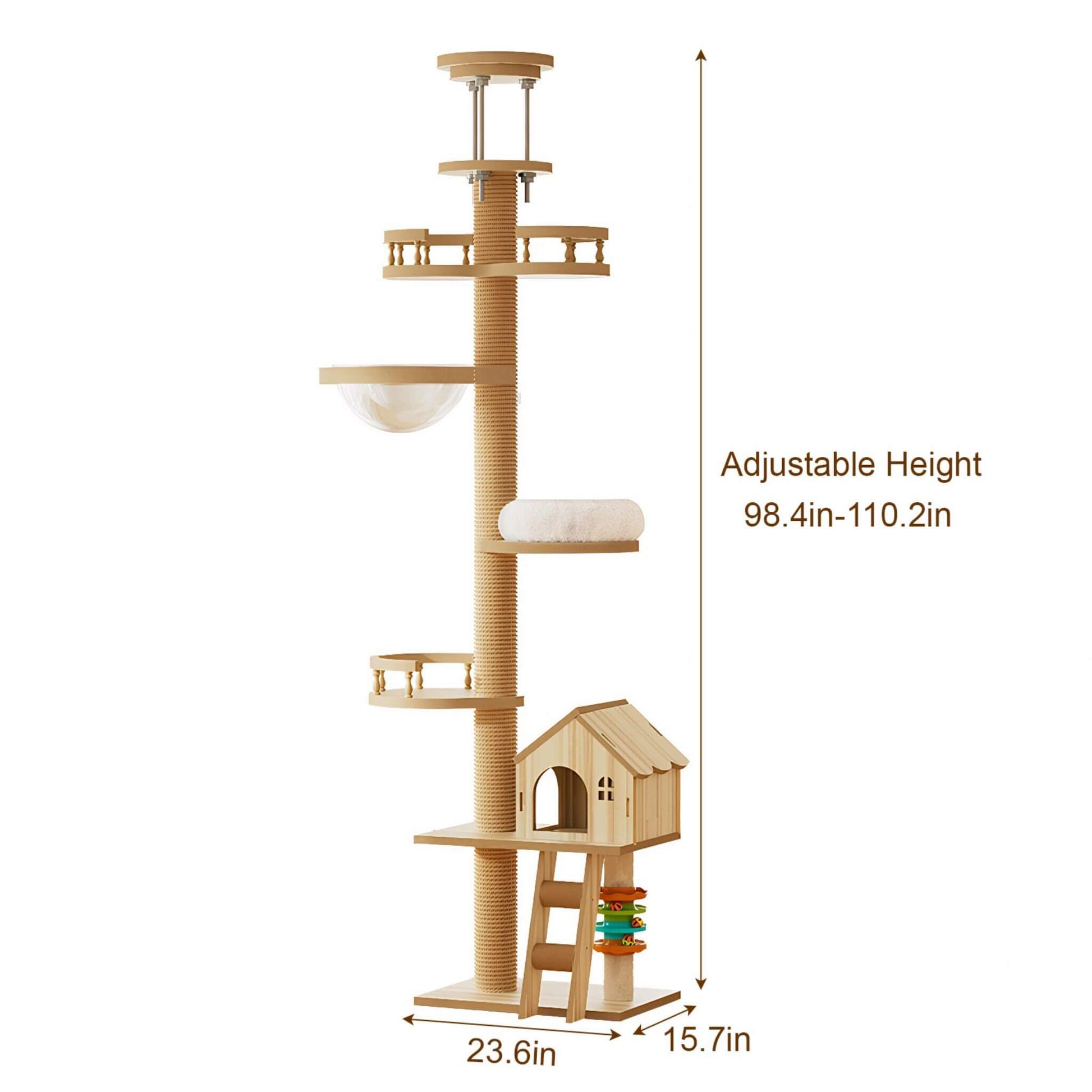 Cat tree with adjustable height measurement on a white background