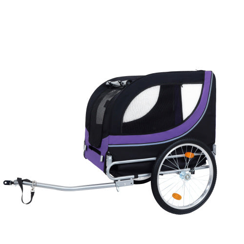 Pet bike trailer with black and purple design on a white background