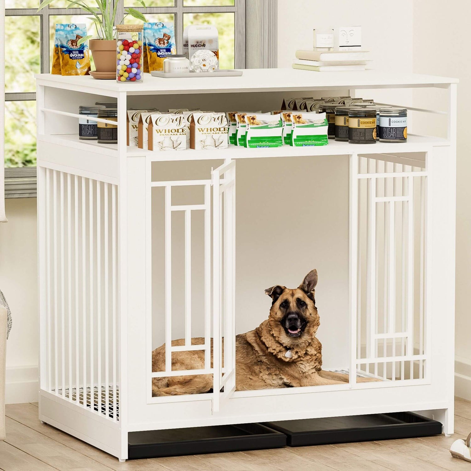 Dog inside a white pet crate with food items on a shelf in the background.