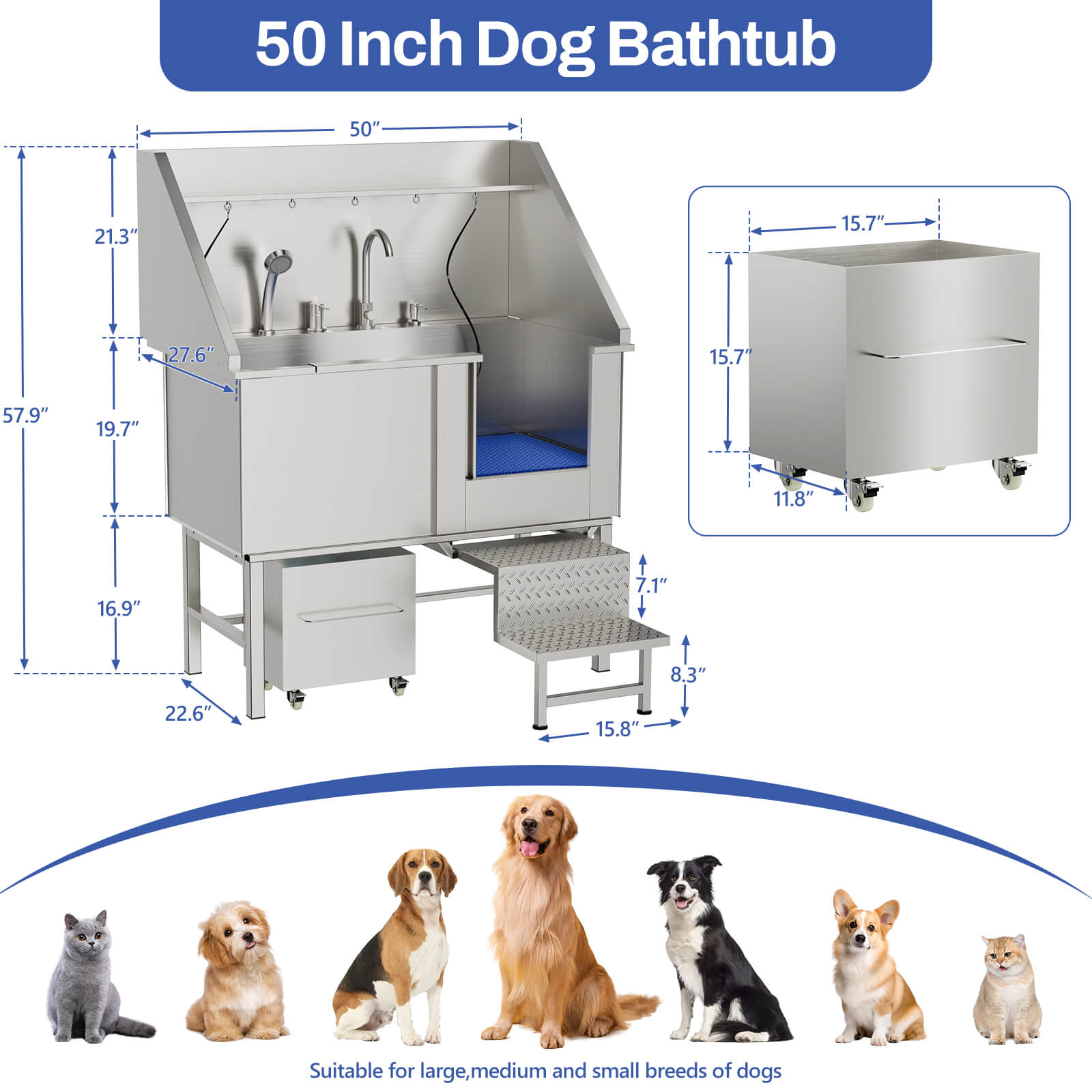 Stainless steel dog bathtub with dimensions and images of dogs below