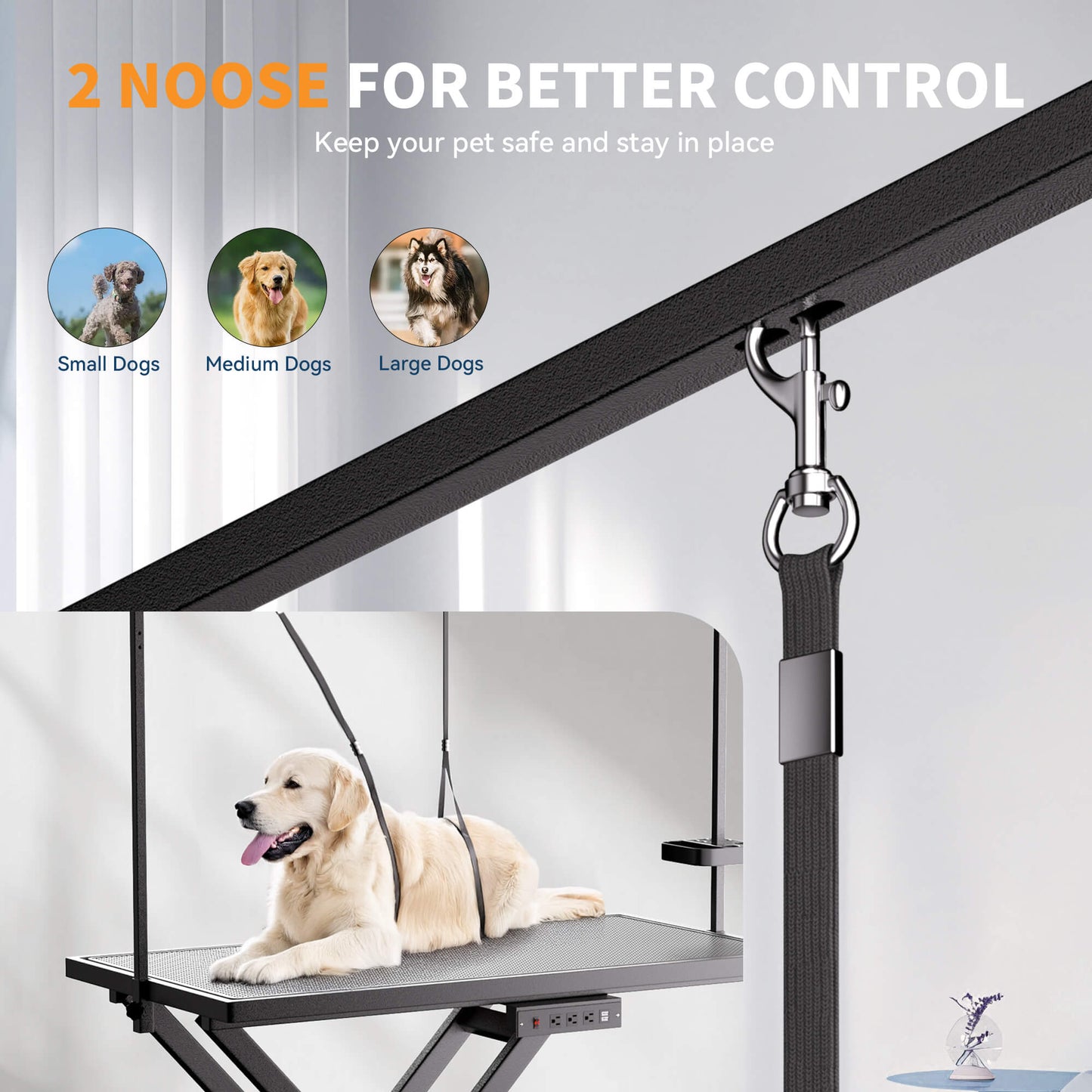 Dog grooming table with a dog on it, featuring text about noose control for different dog sizes.