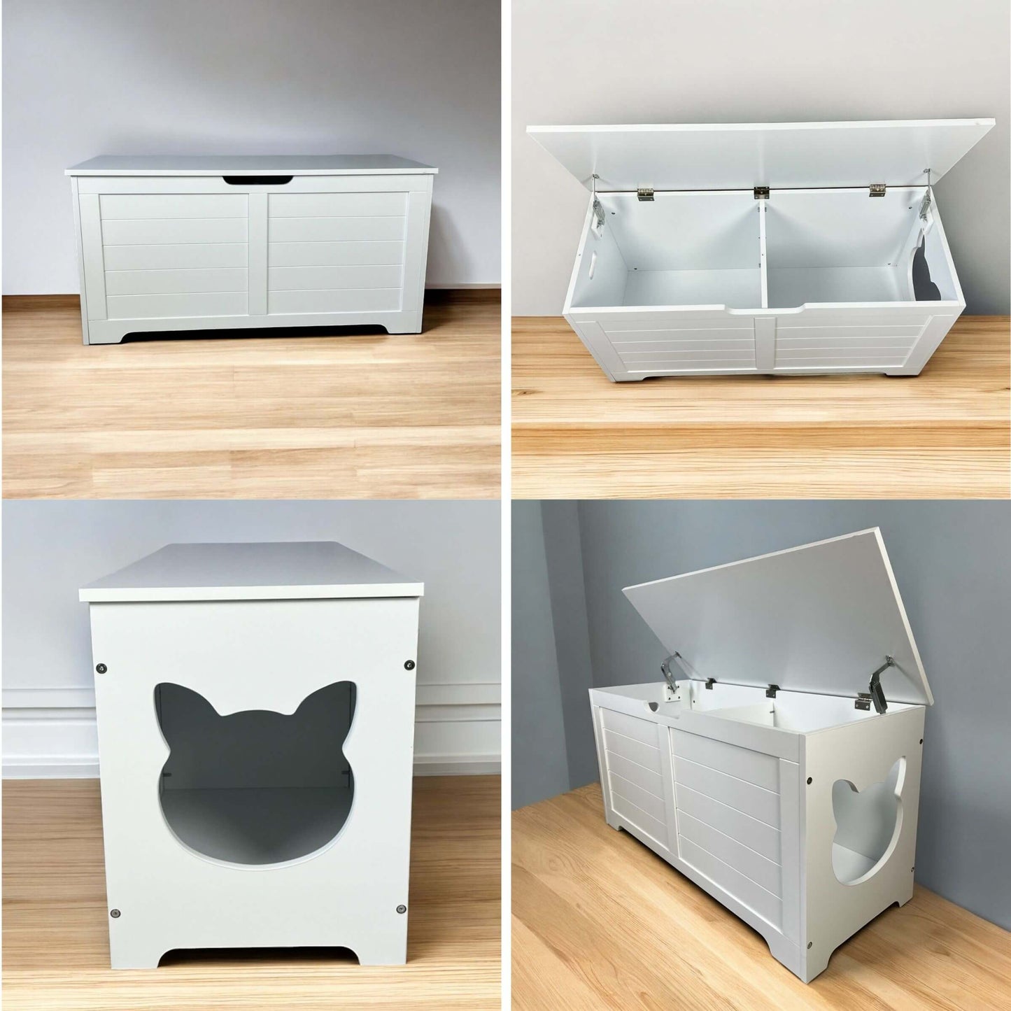 White storage bench with cat door design on a wooden floor.