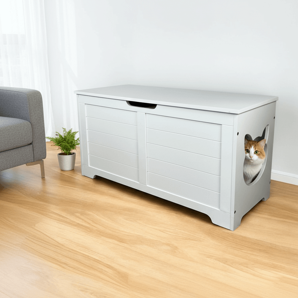 White pet crate with a cat peeking out in a room with a gray couch and a plant.