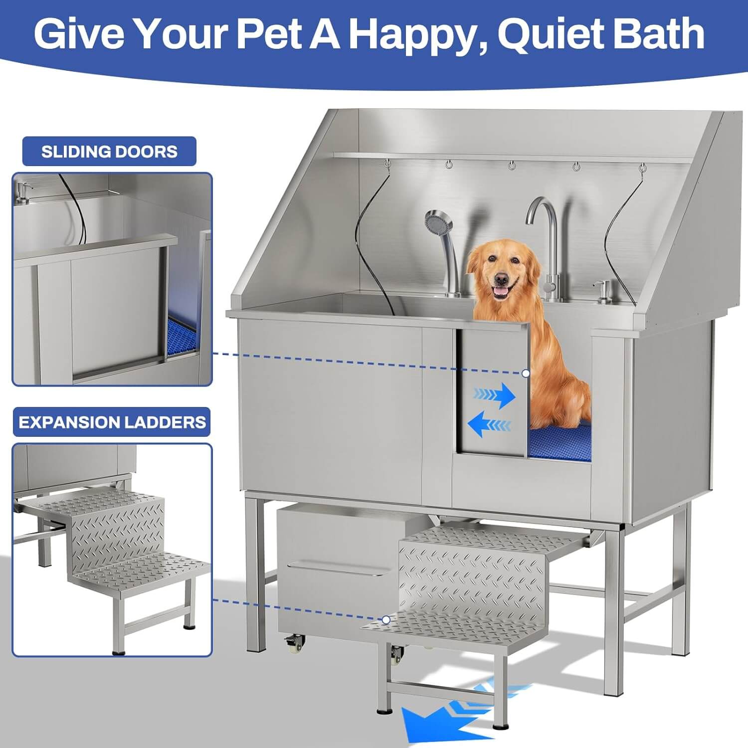 Stainless steel pet grooming tub with sliding doors and expansion ladders, featuring a dog inside.