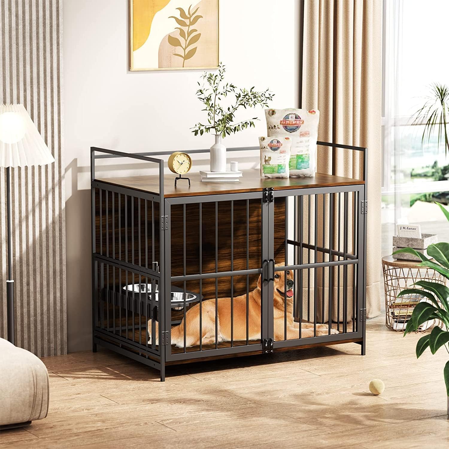 Wooden dog crate furniture with wheels and double doors for small dog
