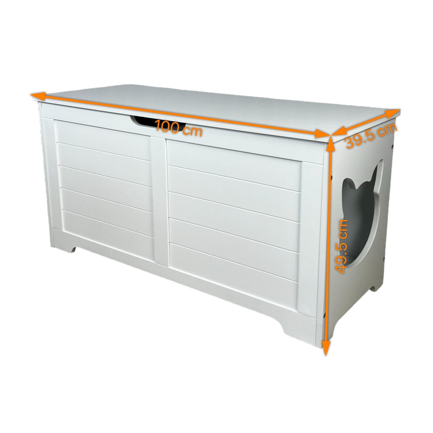 op view of cream white cat litter cabinet with spacious 39.4 inch top entry opening
