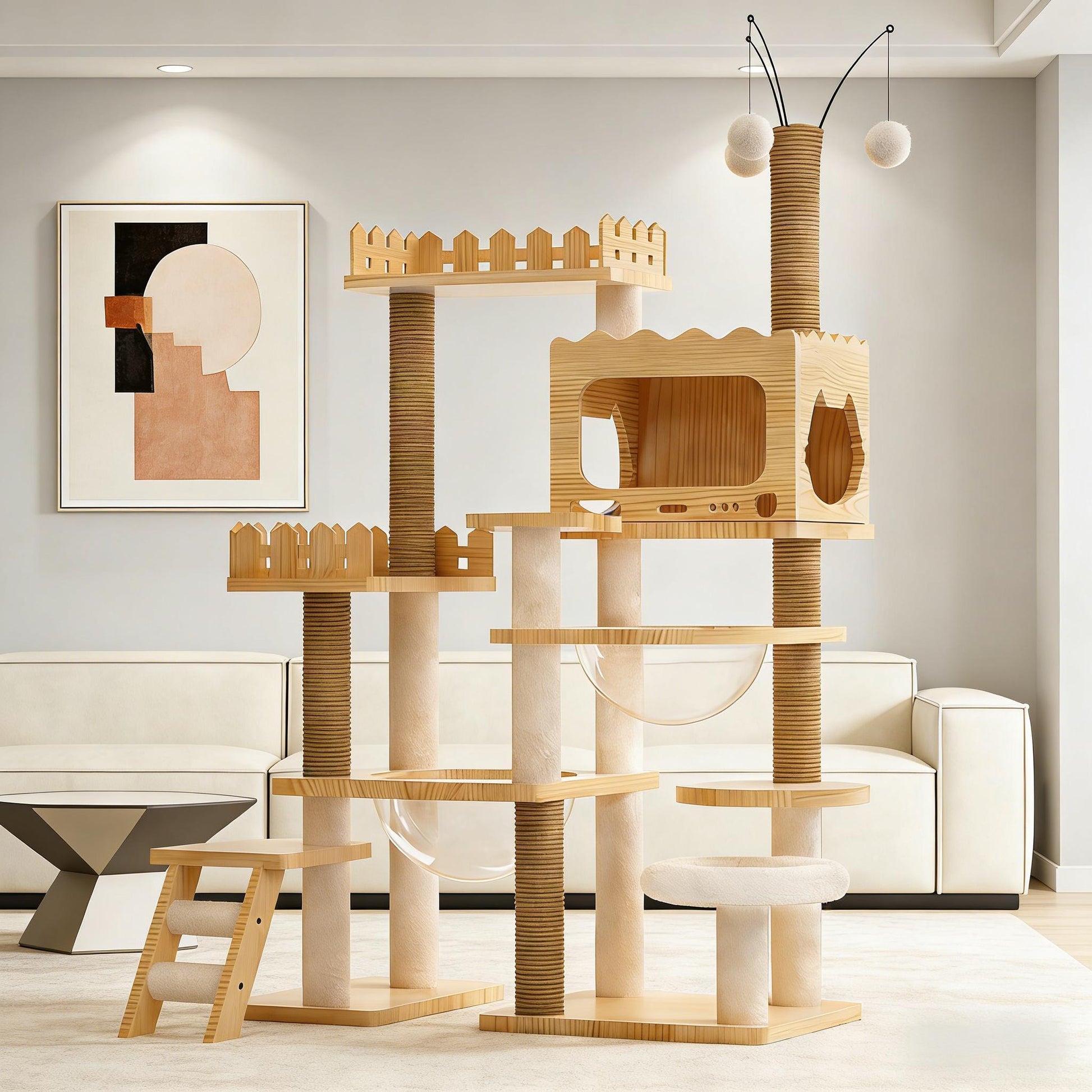Wooden cat tree in a modern living room setting with a sofa and abstract art on the wall.