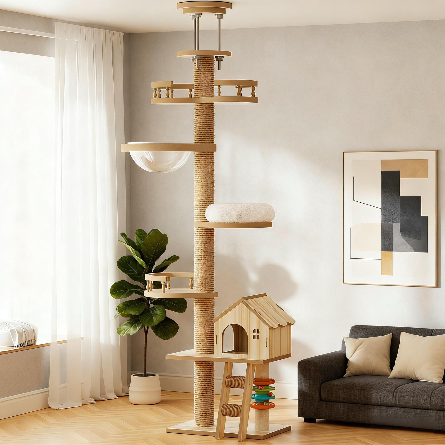 Wooden cat tree in a living room with a couch and plant