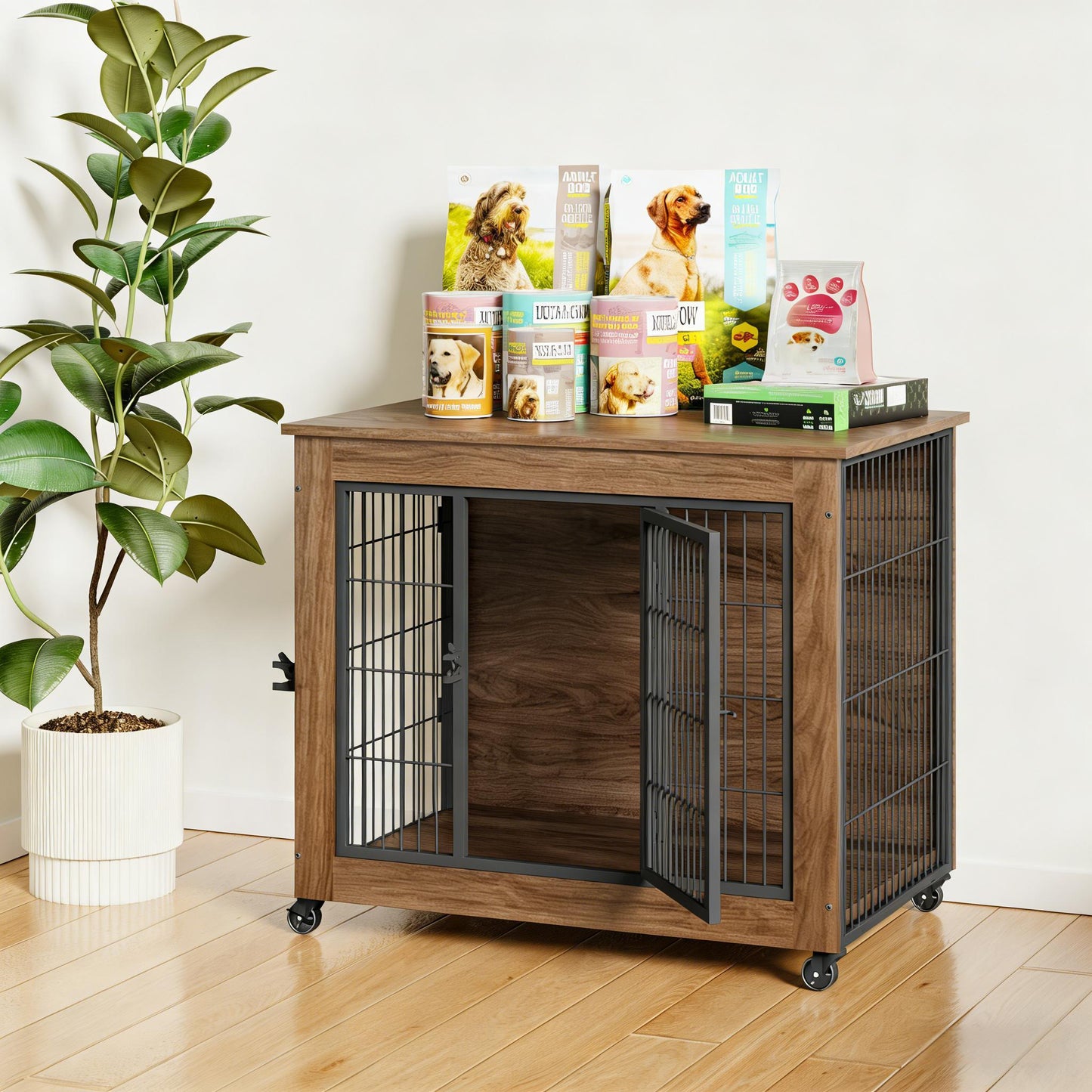 Wooden pet crate with open door, displaying pet products on top, in a home setting.