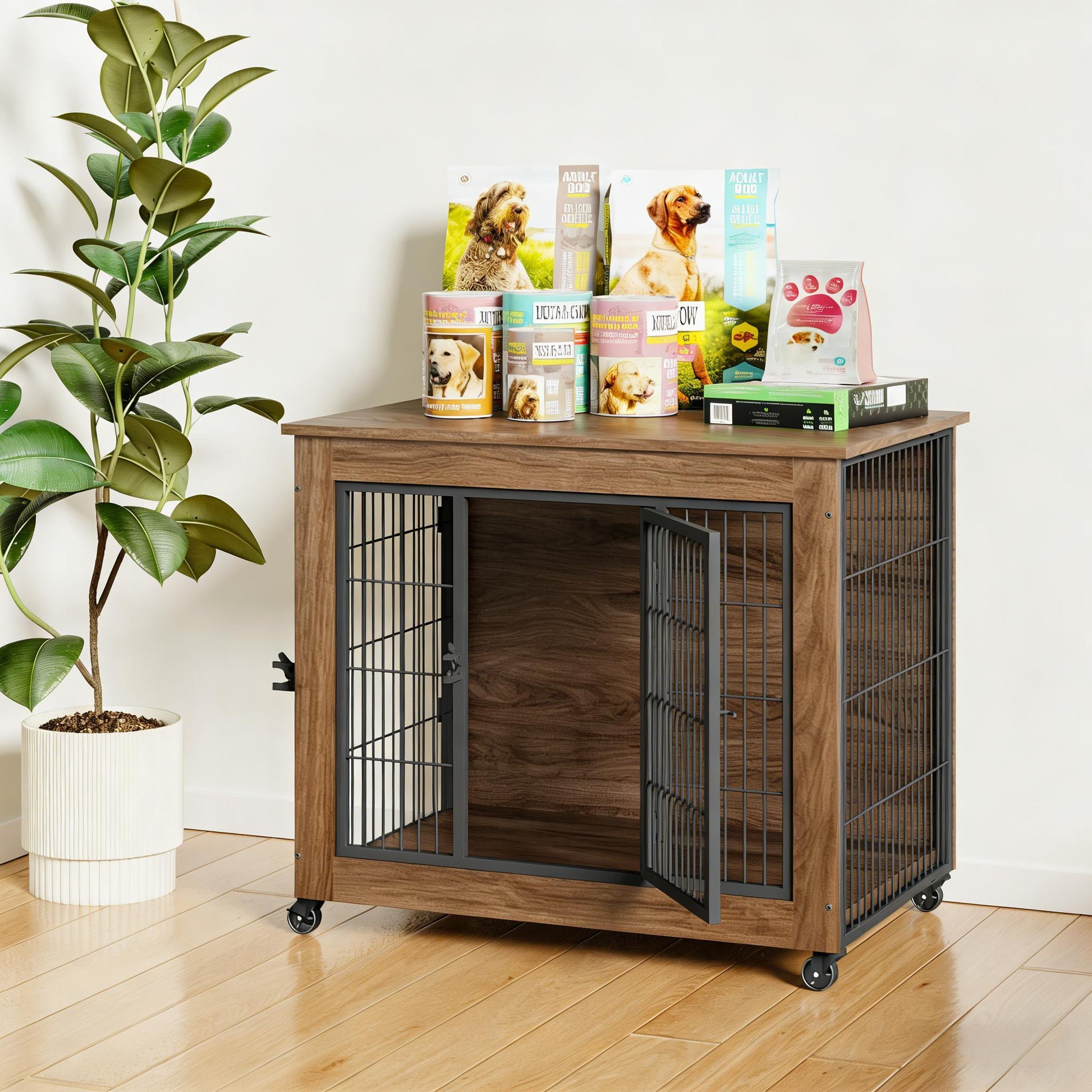 Wooden pet crate with open door, displaying pet products on top, in a home setting.