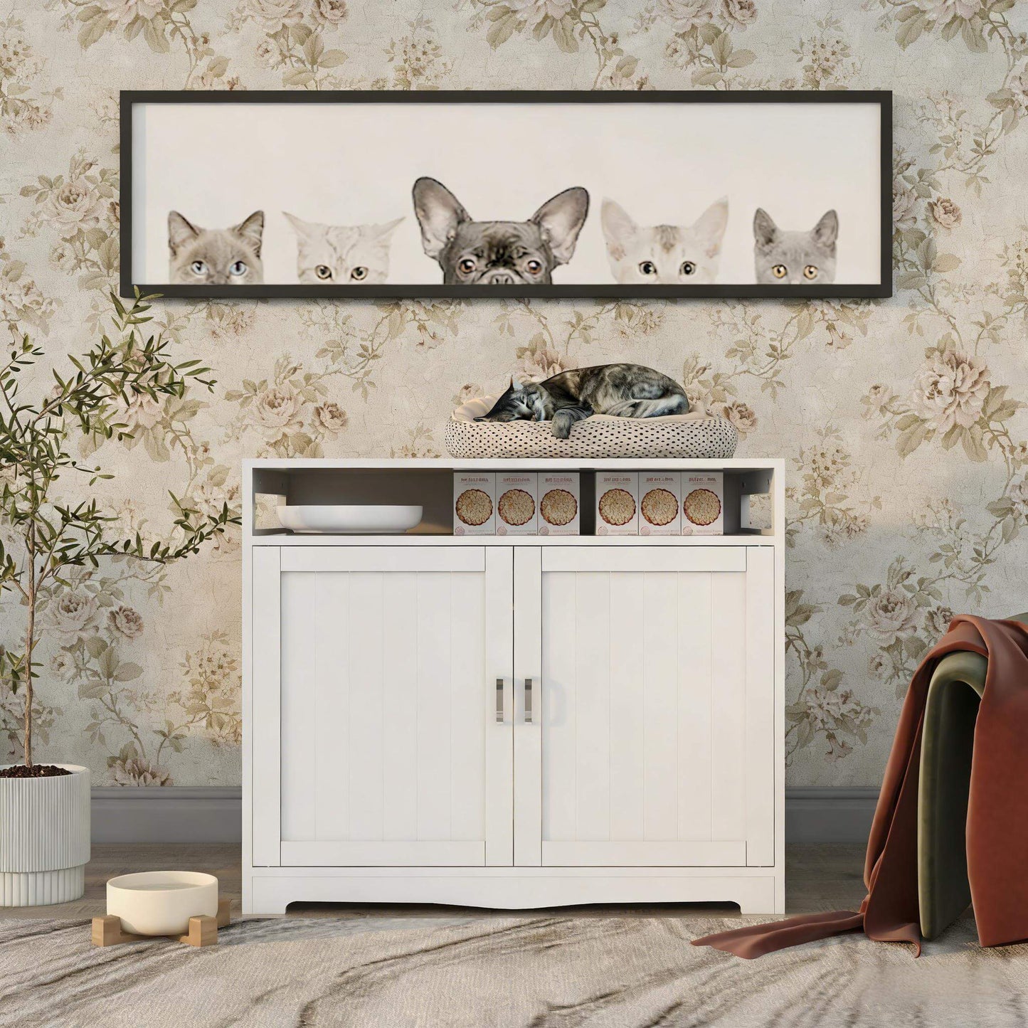 White cabinet with decorative items against a floral wallpapered wall.