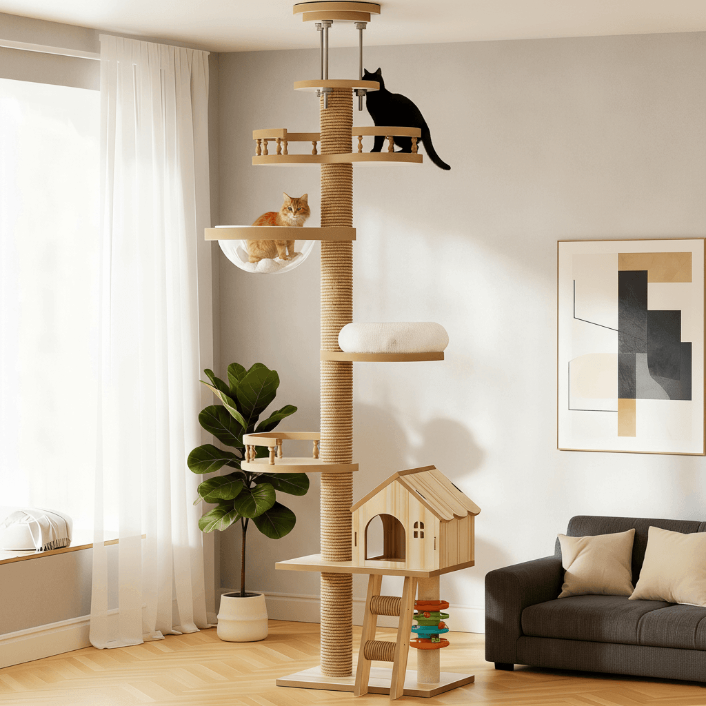 Cat tree with multiple levels and a cat sitting on top in a living room.