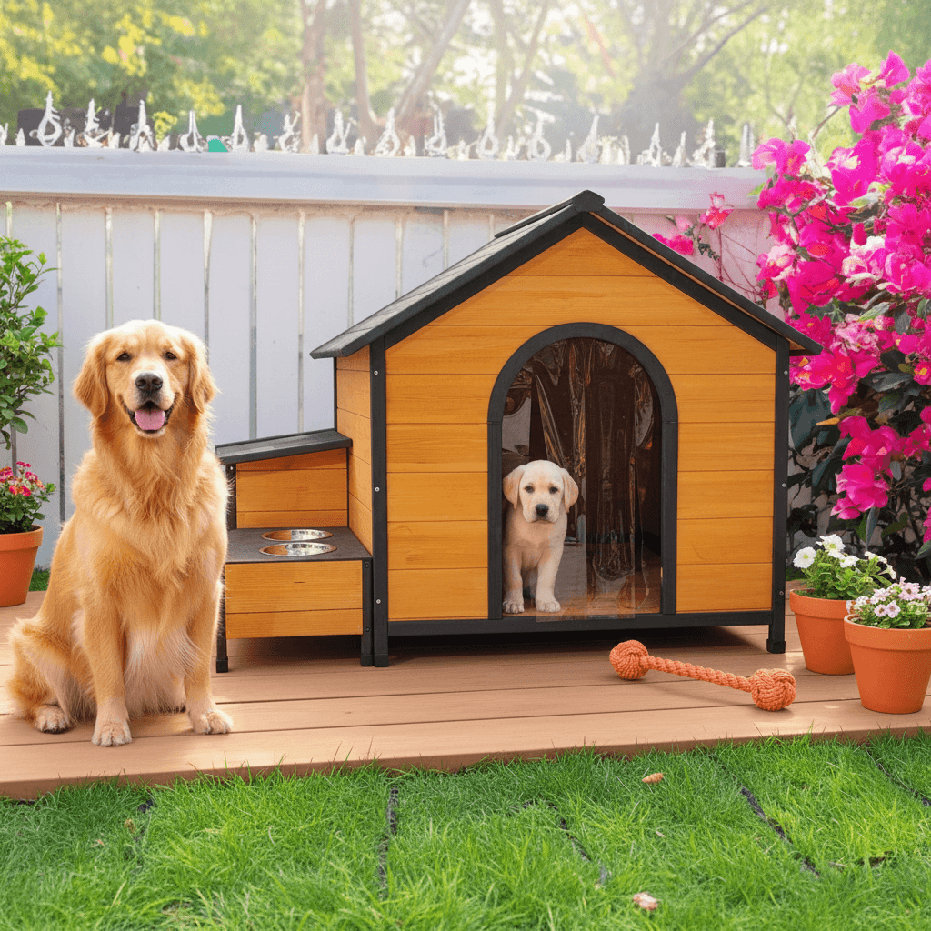 55" Wooden Dog House for Multiple Large Dogs - with 2 Metal Bowls & Toy Box Outdoor Kennel